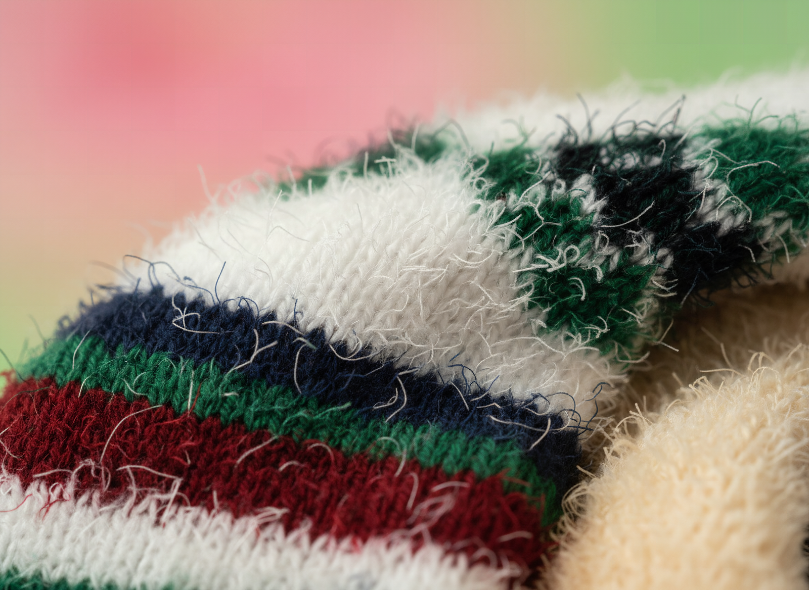 Macro close-up of AIVEI buttery soft fuzzy socks showing detailed texture and fibers in pink and cream tones