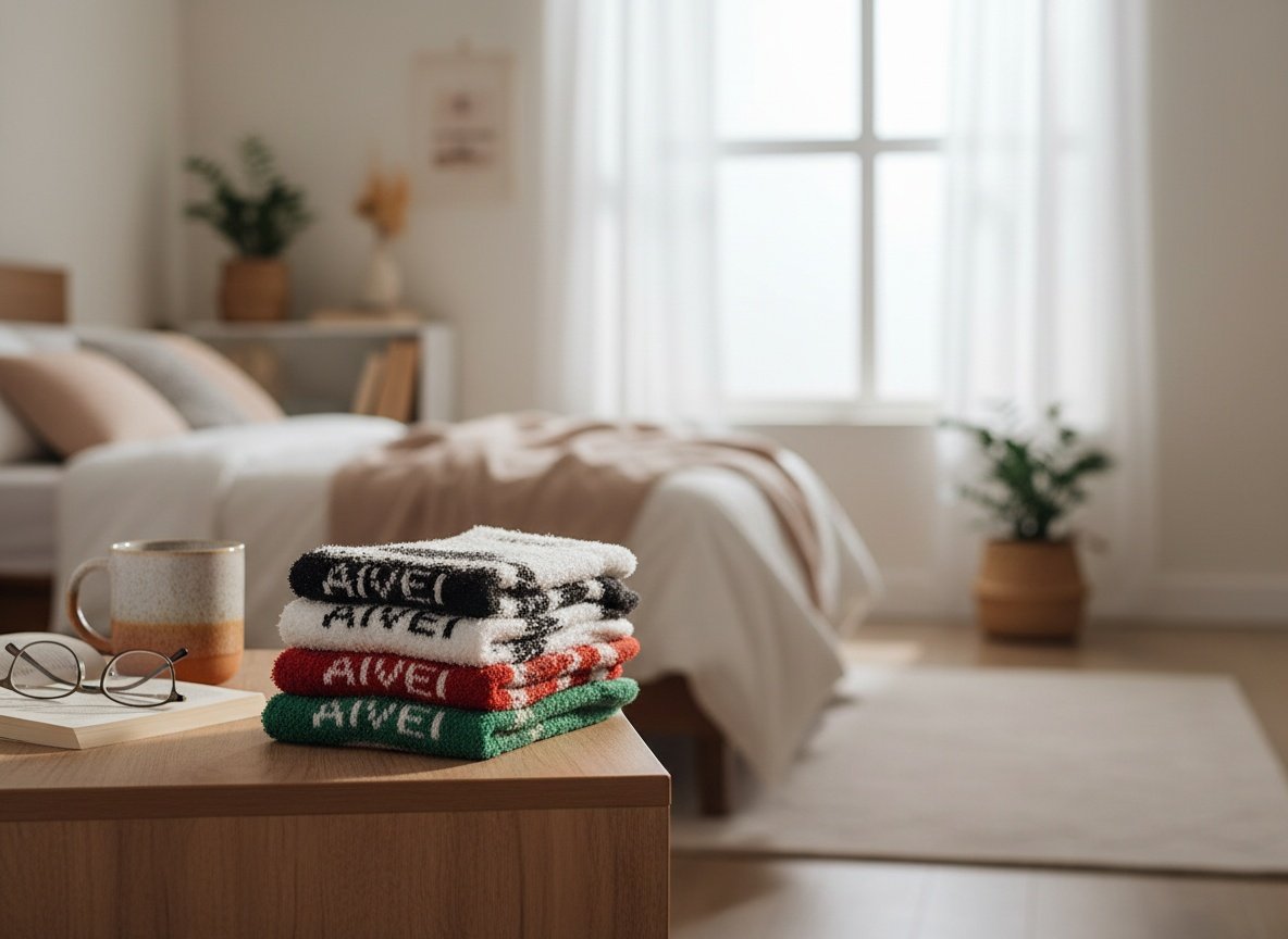 Three pairs of AIVEI fuzzy socks folded on a nightstand in a bedroom with soft natural lighting
