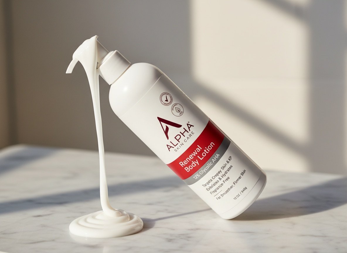 Close-up of Alpha Skin Care body lotion bottle with lotion texture visible, shot on marble with warm lighting