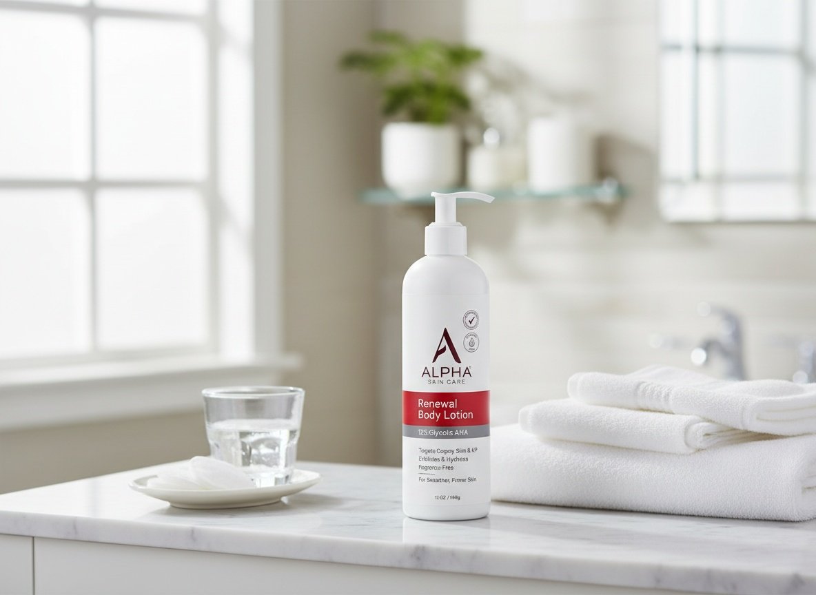 Alpha Skin Care body lotion on bathroom vanity shelf surrounded by skincare items and towels in natural light