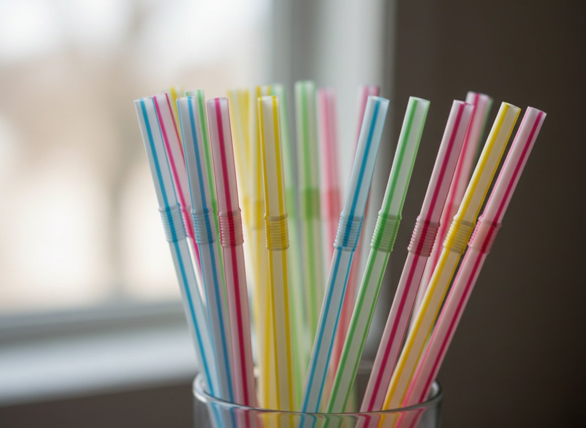Macro close-up of colorful striped plastic flex straws with sharp detail on ridges and bright assorted colors