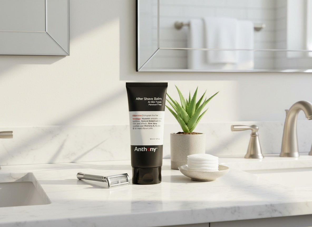 Anthony After Shave Balm positioned on a bathroom vanity amid grooming essentials and plants