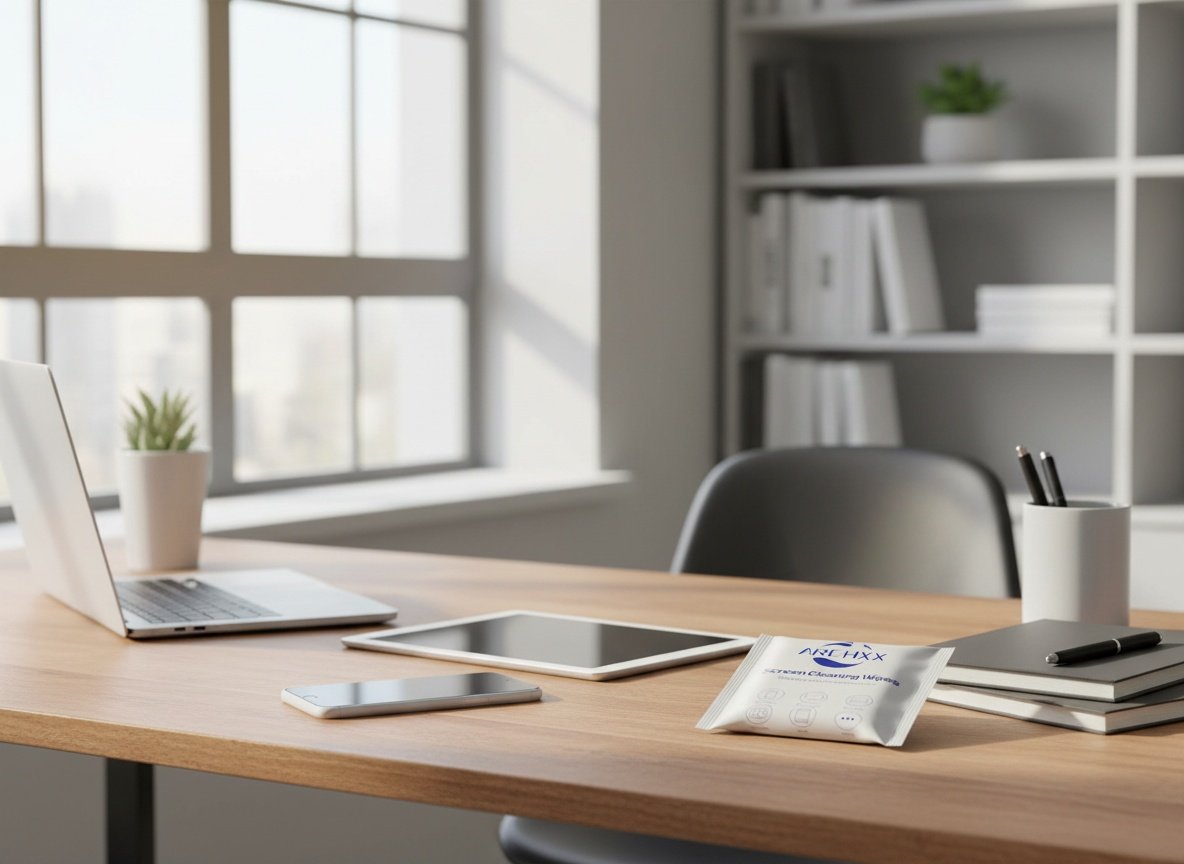 ARCHXX screen wipes packet on home office desk among electronics including laptop, tablet, and phone