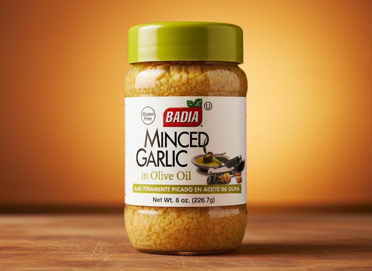Badia minced garlic in glass jar, macro close-up showing garlic pieces suspended in olive oil