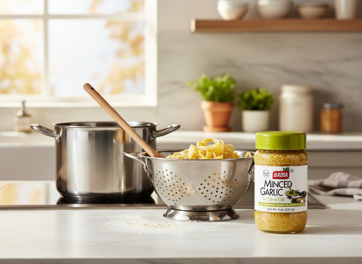 Badia minced garlic jar positioned on a kitchen counter next to prepared pasta and cooking utensils