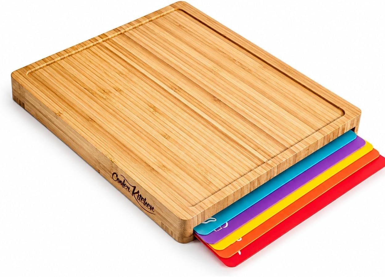 Bamboo cutting board set with holder displayed on kitchen counter surrounded by fresh vegetables and ingredients