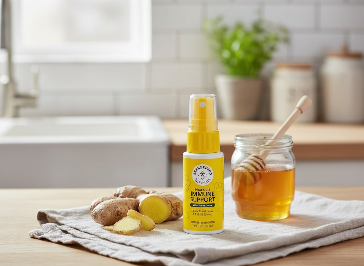 Propolis spray bottle on kitchen counter with ginger and honey, part of natural wellness arrangement