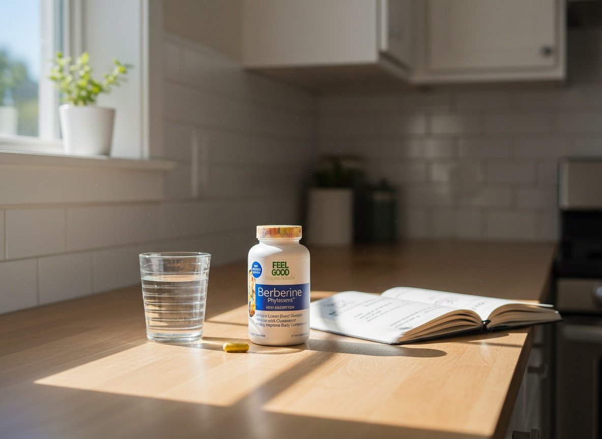 Berberine phytosome capsule on kitchen counter next to water glass and journal in morning sunlight