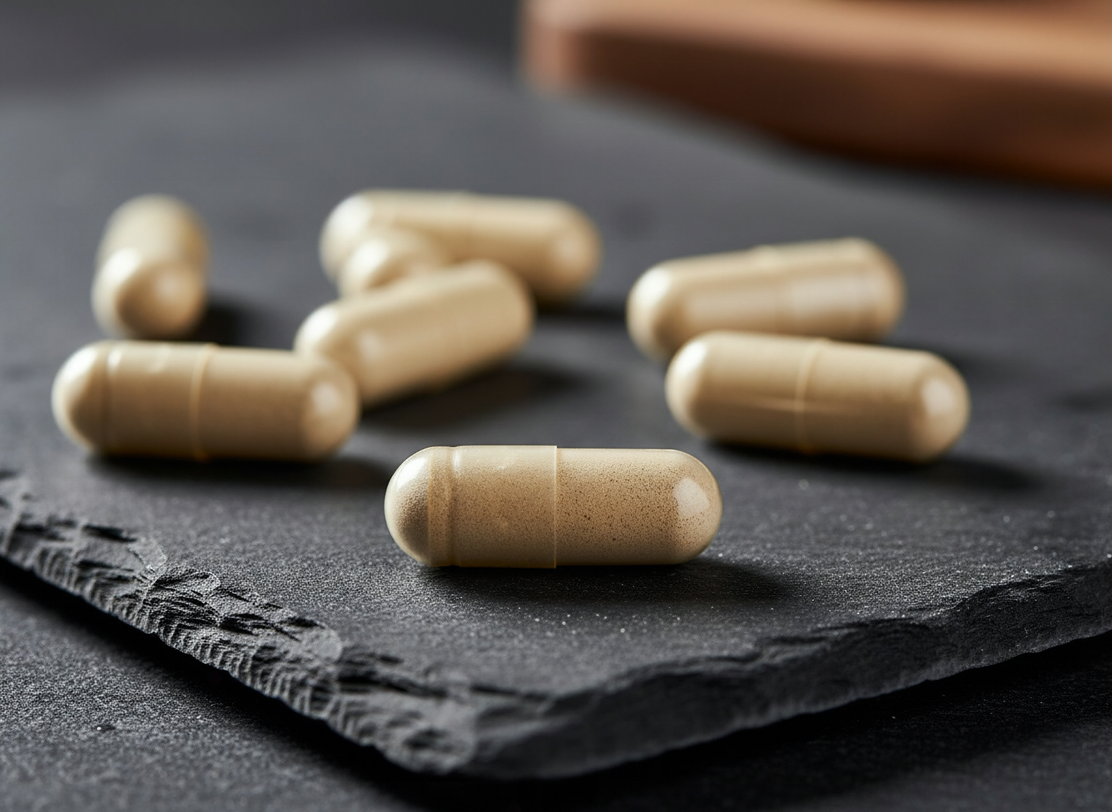 Macro close-up of MassZymes digestive enzyme capsules on dark slate with selective focus