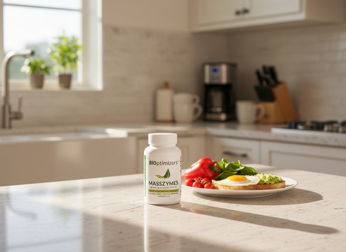 MassZymes bottle on a kitchen counter surrounded by fresh food and vegetables in natural light