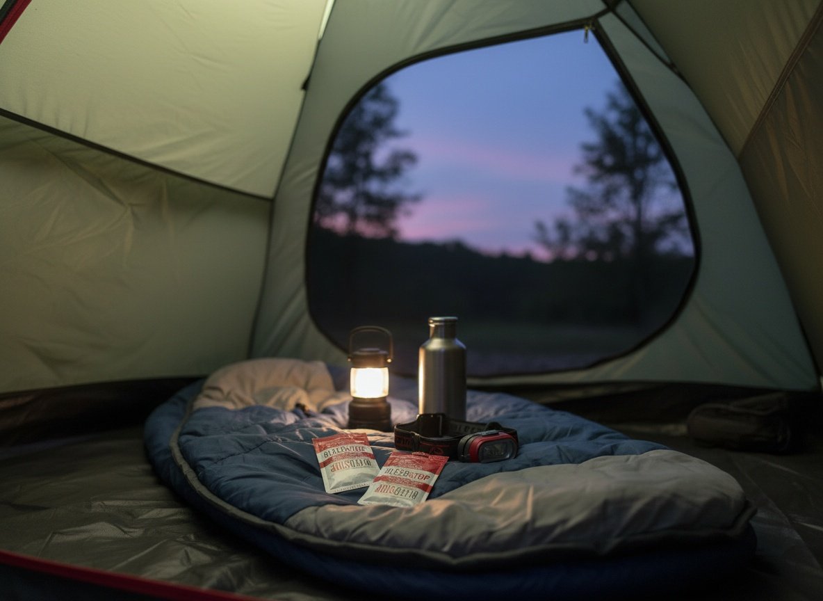 BleedStop powder pouches arranged inside a camping tent with survival gear on a sleeping bag