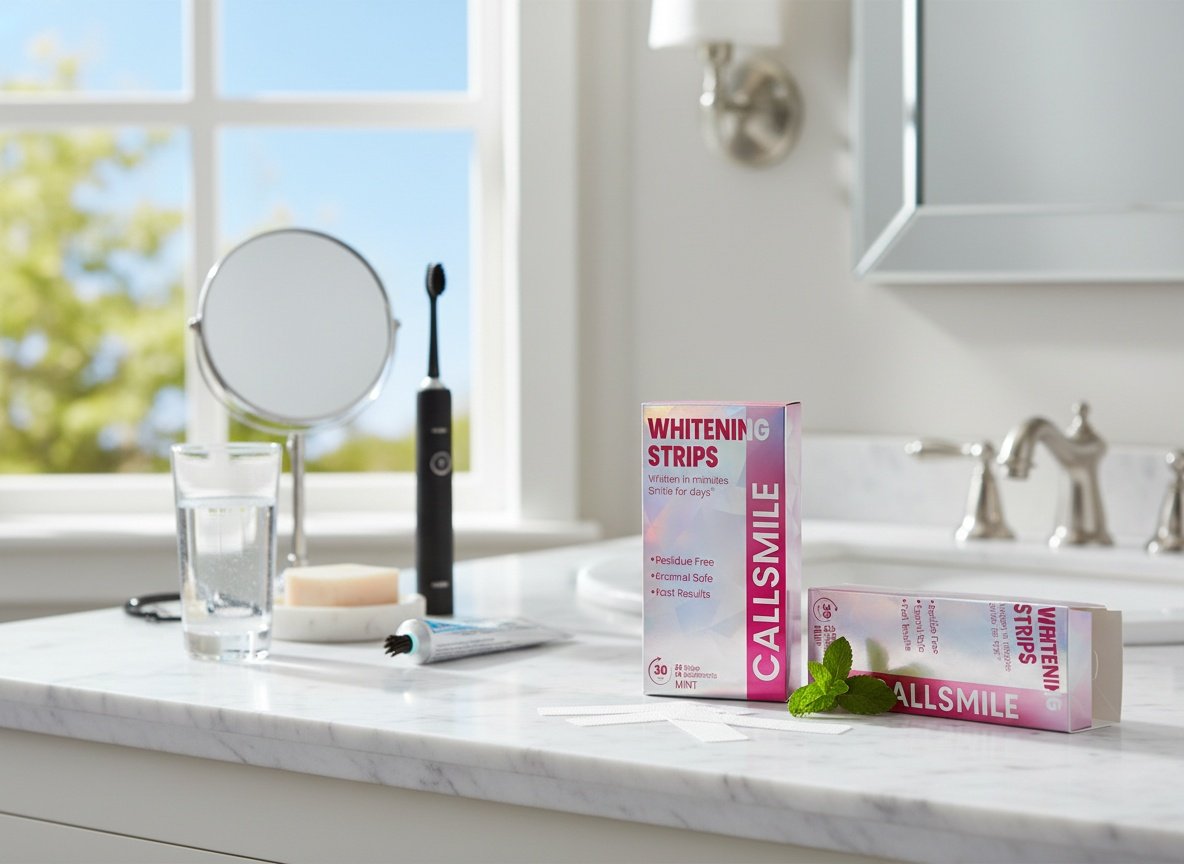 CALLSMILE whitening strips box open on bathroom counter with daily hygiene items