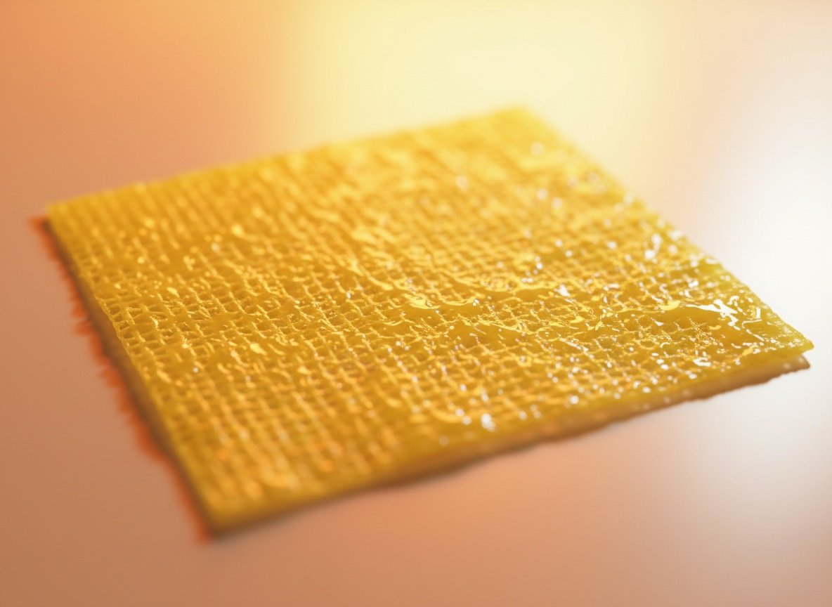 Macro close-up of tan Xeroform gauze pad showing fine mesh weave texture