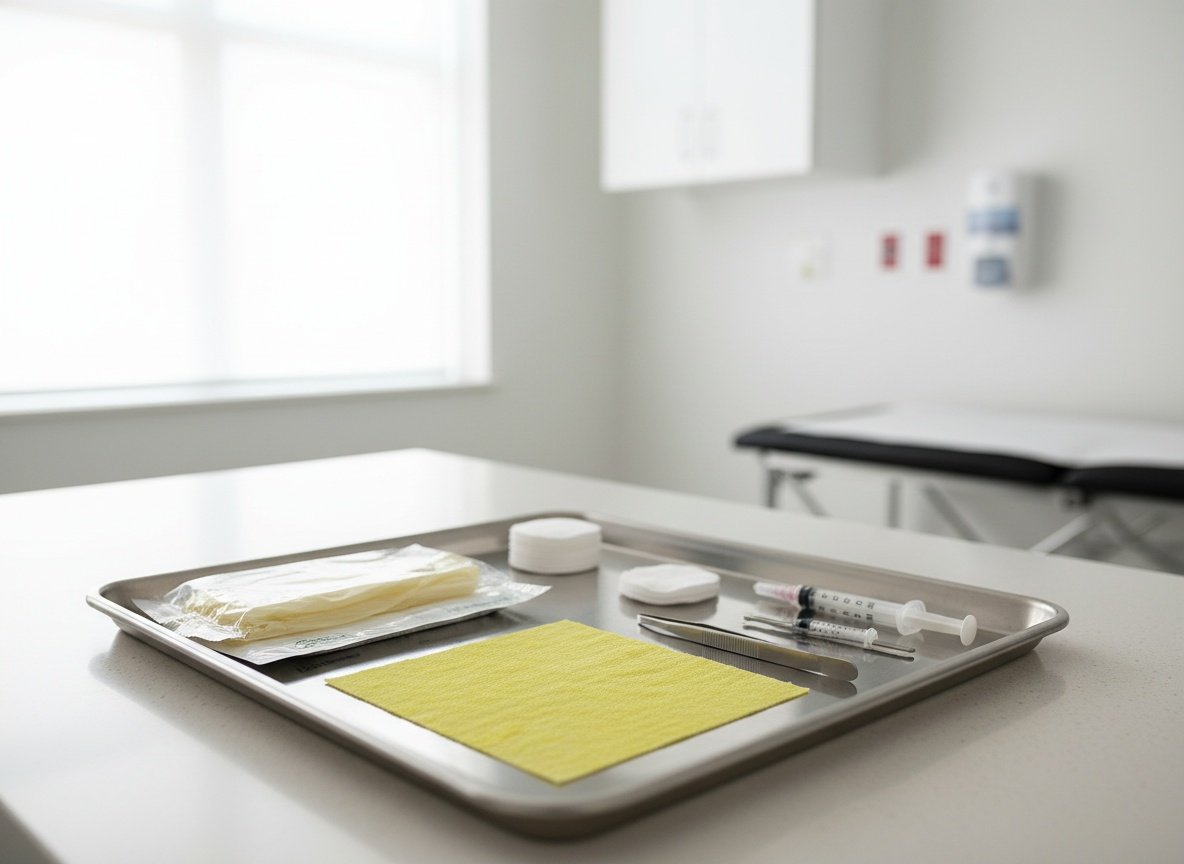 Carbou gauze dressing on medical supply tray in a clinical room with instruments