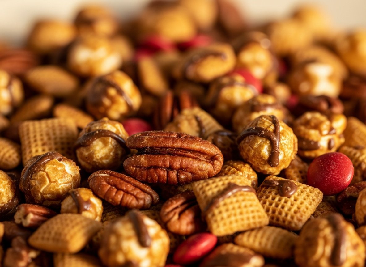 Macro close-up of Chex Mix Turtle pieces showing chocolate, caramel, and nuts in detail