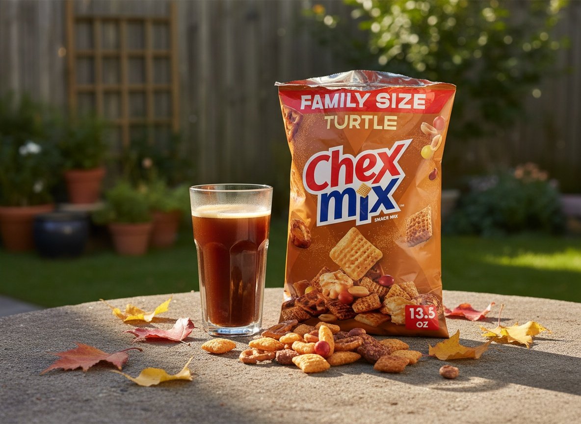 Chex Mix Turtle bag on an outdoor patio table next to coffee and autumn leaves