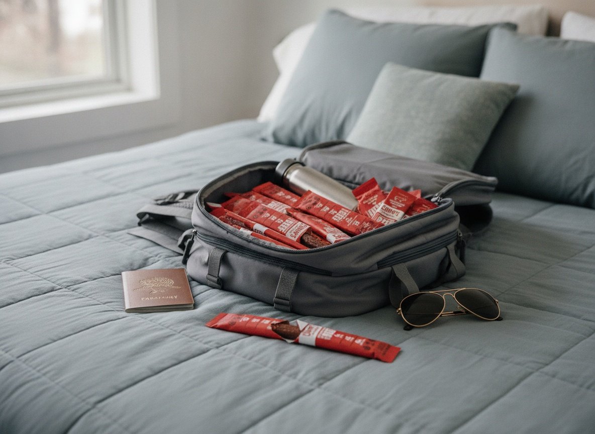 Chomps jerky sticks inside an open travel backpack with other items on a bed
