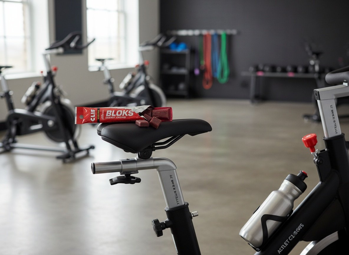 CLIF Bloks packet on a bicycle seat in a home cycling studio with gym equipment in background