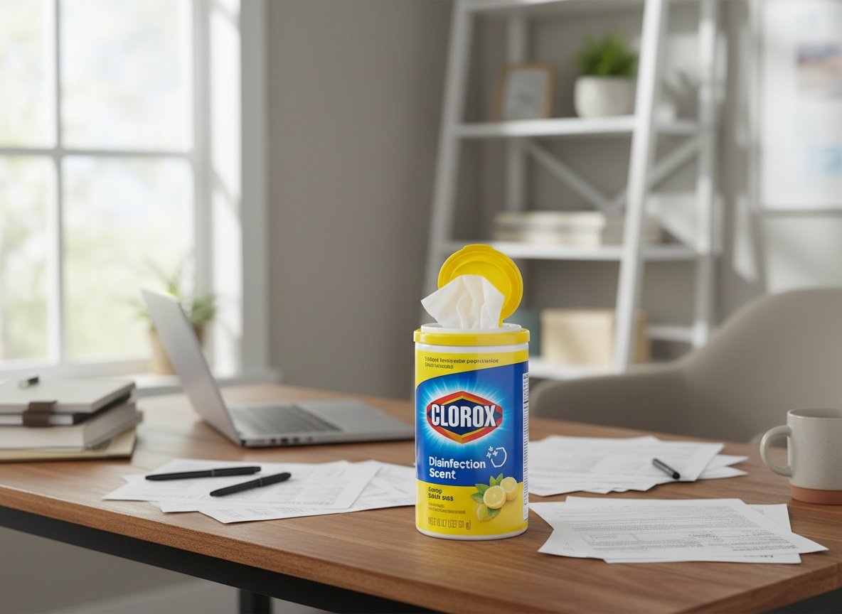 Clorox disinfecting wipes canister on a busy desk in a home office with office supplies and laptop