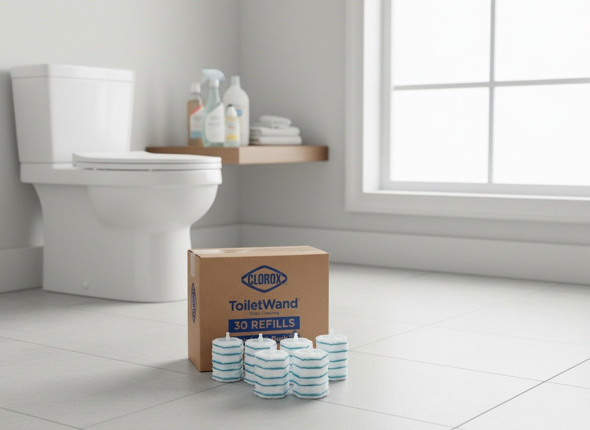 Clorox ToiletWand resting on bathroom floor tiles beside a white toilet in a home bathroom