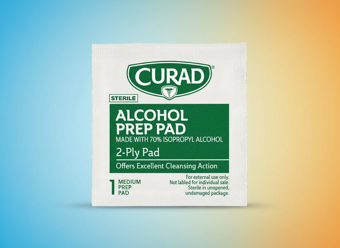 Single Curad alcohol prep pad in clear wrapper, extreme close-up macro view