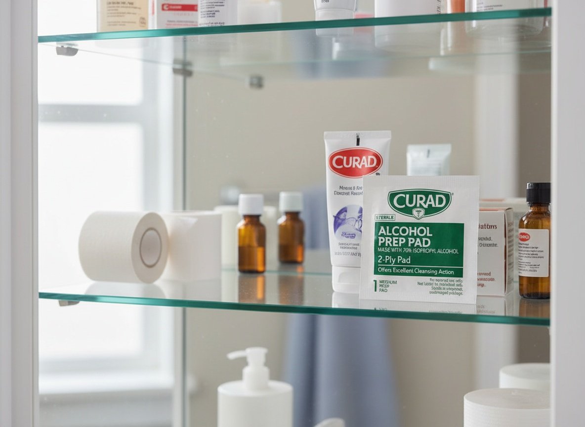 Curad alcohol prep pads box on bathroom medicine cabinet shelf alongside other first-aid items