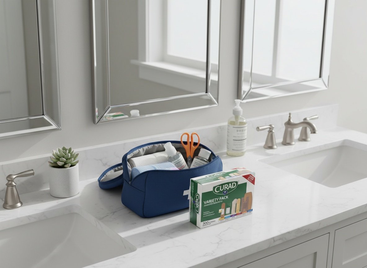 CURAD bandage variety pack displayed inside an open home bathroom first-aid kit on a vanity