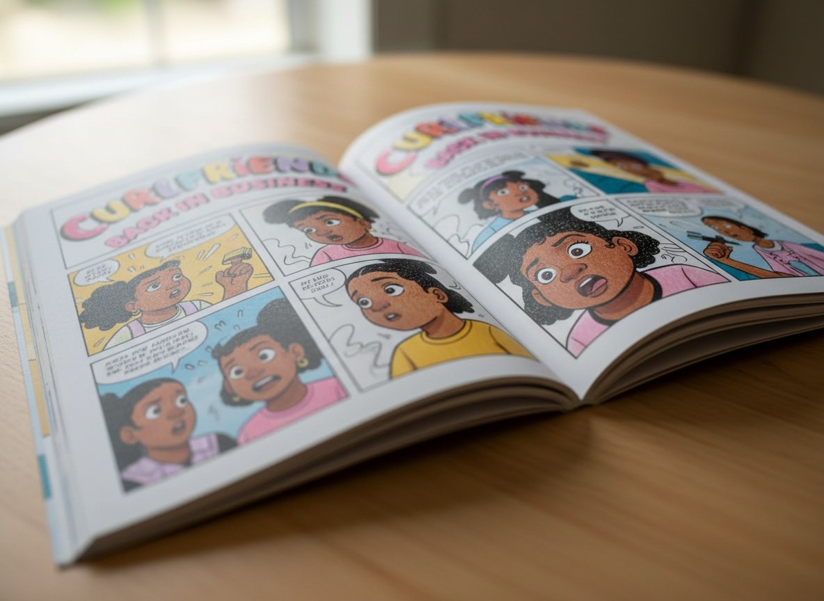 Close-up of open Curlfriends graphic novel pages displaying colorful illustrated panels with character artwork and dialogue
