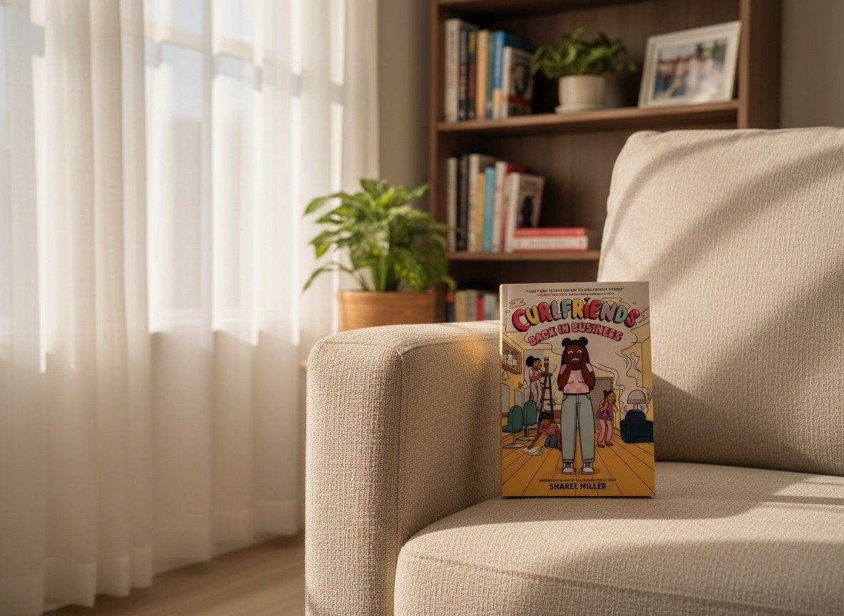 Curlfriends graphic novel volume 2 lying on an armchair in a sunlit home library corner with bookshelves nearby
