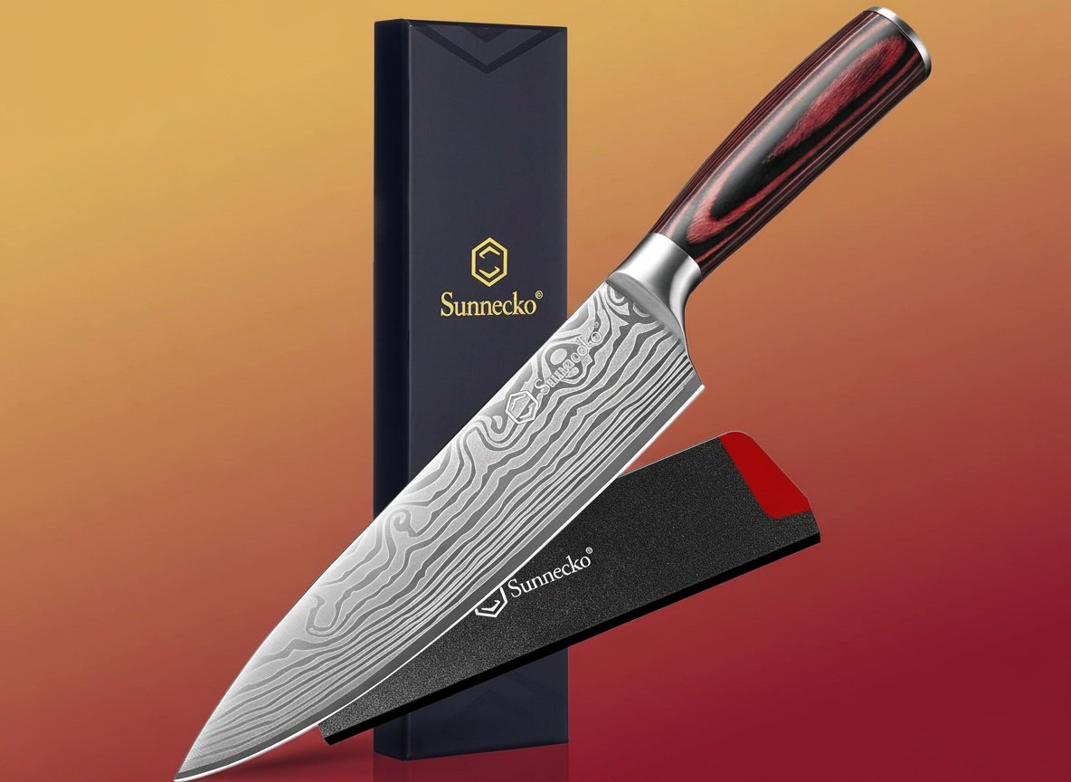 8 Inch Chef Knife - Ultra Sharp Vegetable Kitchen Knife | 12-15 Degree Edge for Meat Cutting Japanese Style, High Carbon Stainless Steel, Pakkawood Handle & Sheath, Cooking & BBQ Gift limited-time deal deal image 1