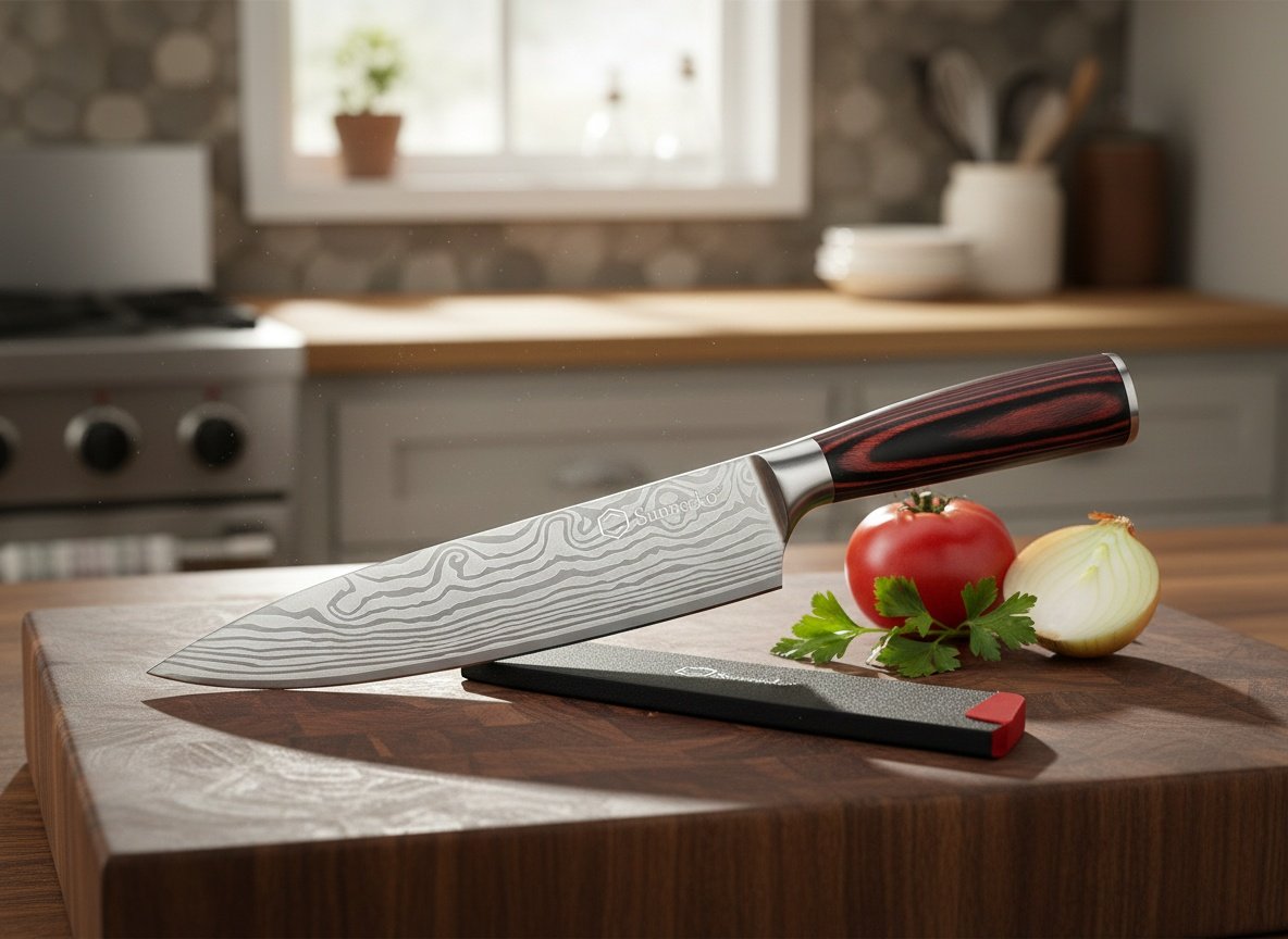 8 Inch Chef Knife - Ultra Sharp Vegetable Kitchen Knife | 12-15 Degree Edge for Meat Cutting Japanese Style, High Carbon Stainless Steel, Pakkawood Handle & Sheath, Cooking & BBQ Gift limited-time deal deal image 2