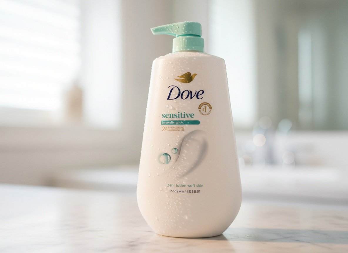 Macro close-up of Dove body wash pump bottle with water droplets, shallow focus