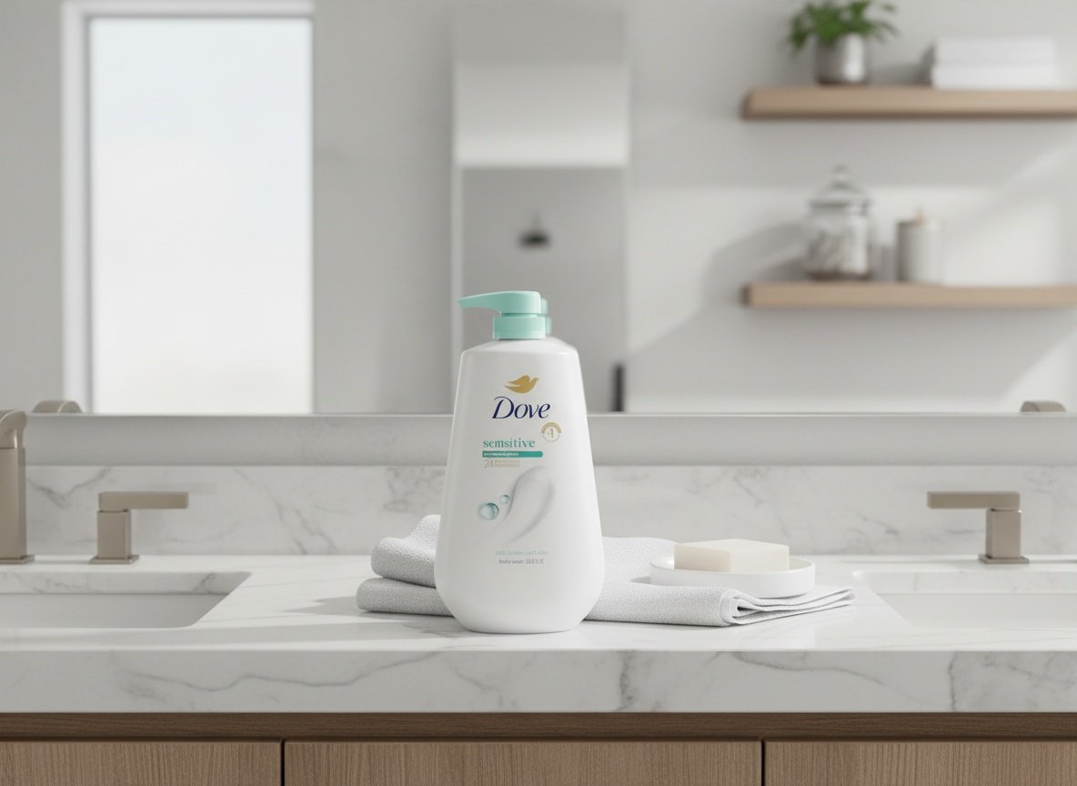Dove body wash bottle on bathroom vanity with towel and accessories in full room setting