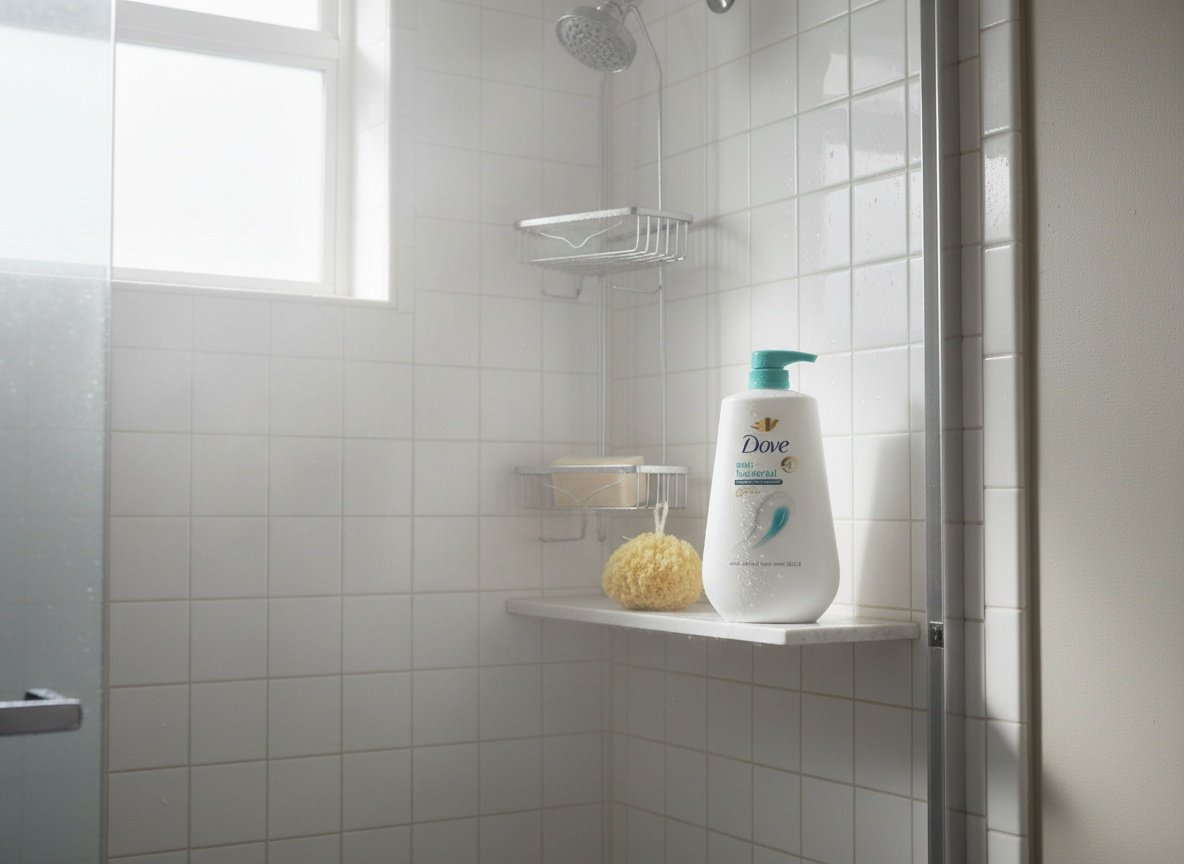 Dove body wash bottle on a bathroom shelf beside shower caddy and sponge in natural morning light