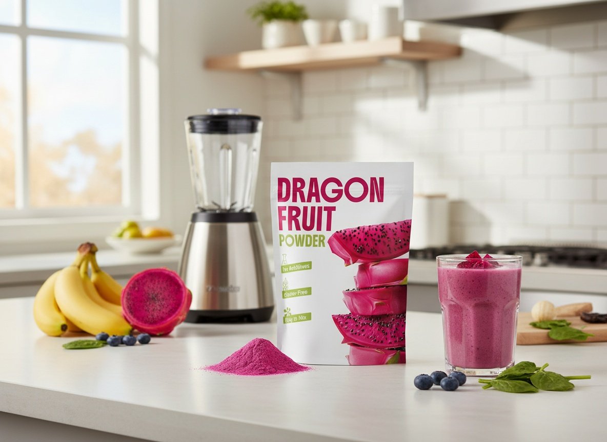 Dragon fruit powder displayed on a kitchen counter amid smoothie-making ingredients and a blender