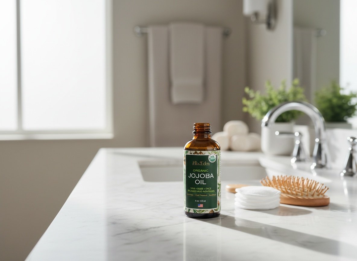Jojoba oil bottle on bathroom vanity with grooming supplies, natural light from window