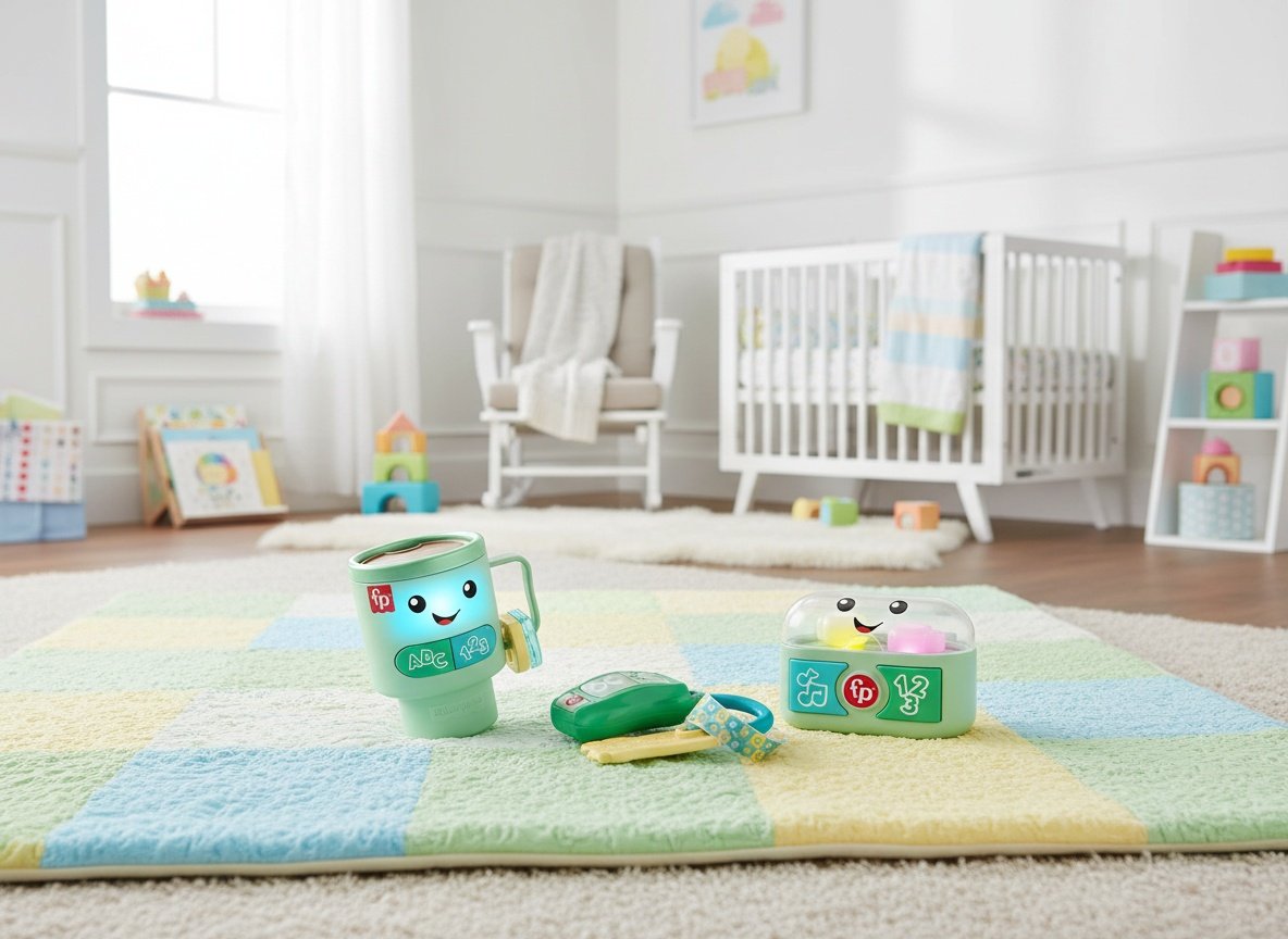 Fisher-Price Laugh & Learn gift set with three electronic toys arranged on a playmat in a bright nursery room