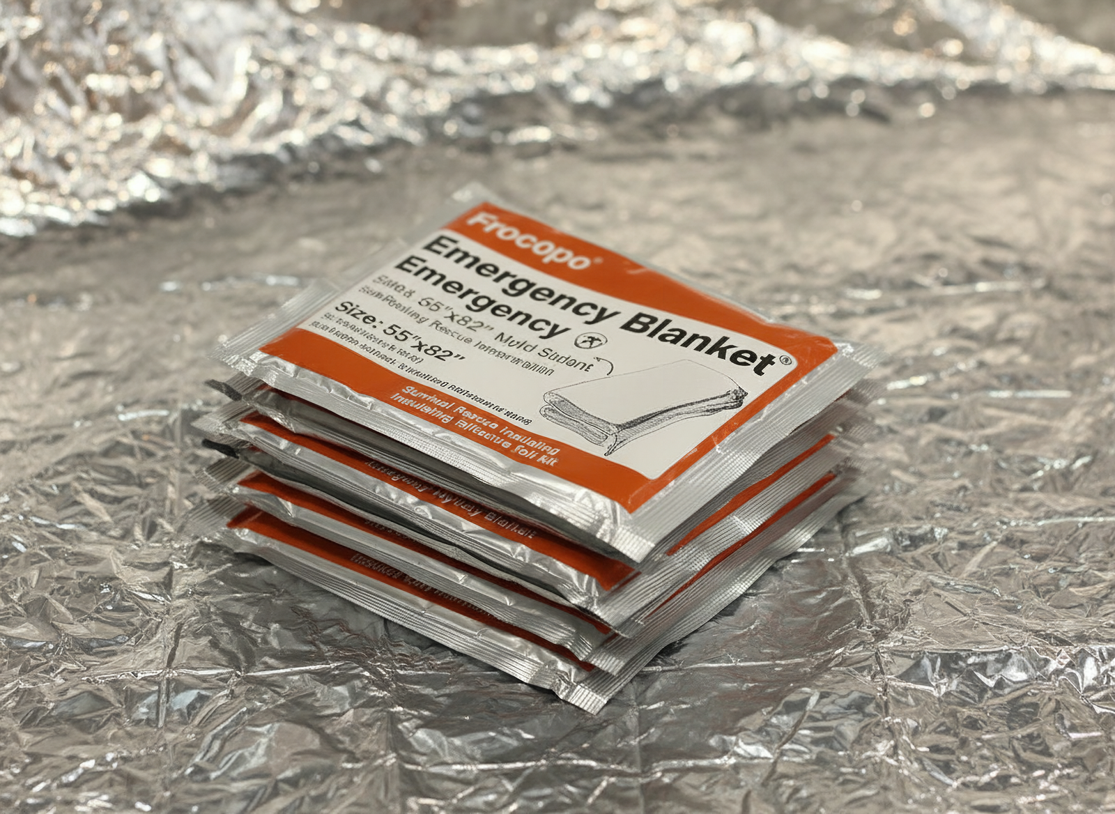 Close-up of crinkled silver Mylar blanket material with reflective foil surface and visible texture