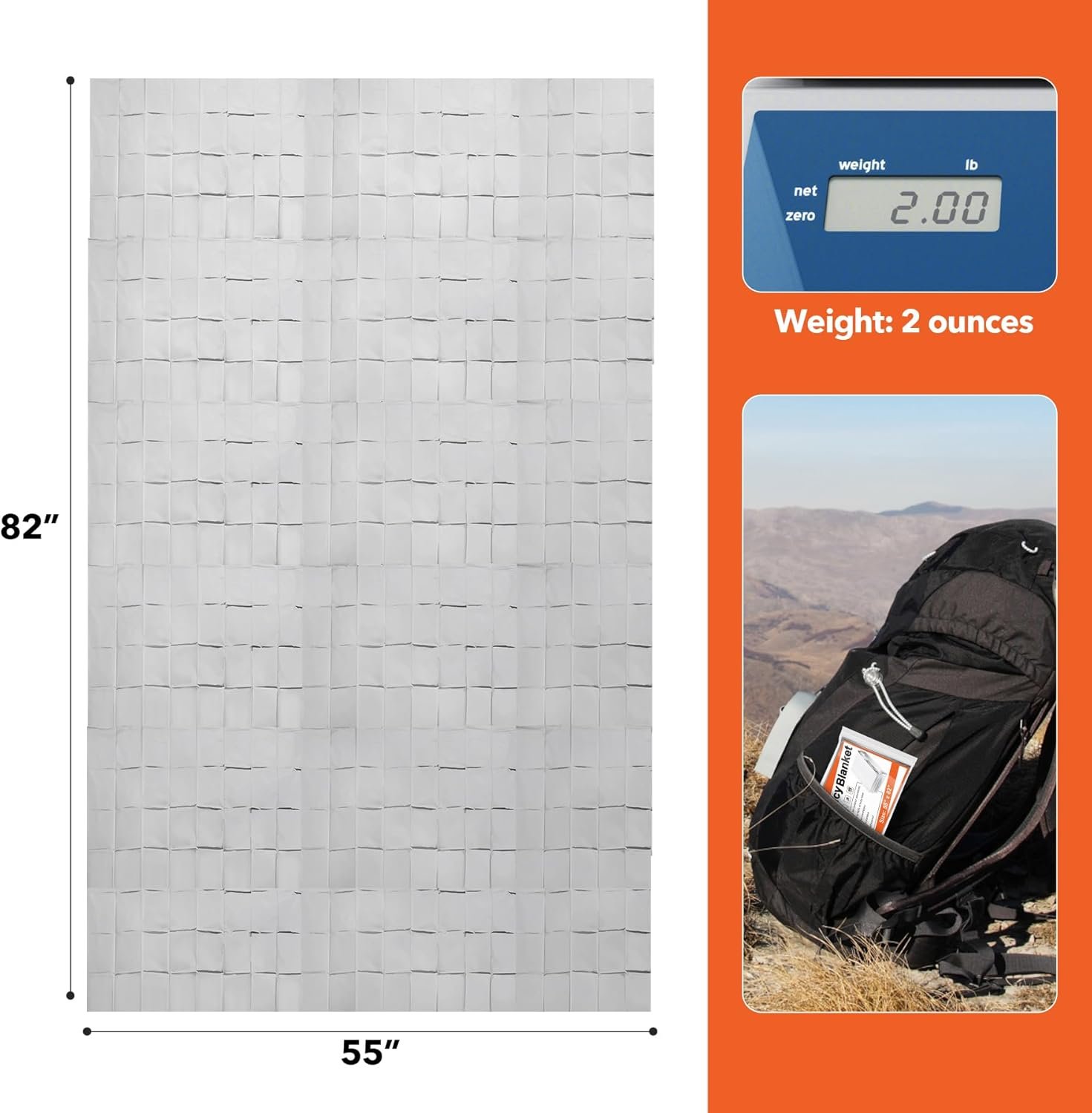 Six folded emergency blanket pouches tucked into camping backpack pockets in a tent setting