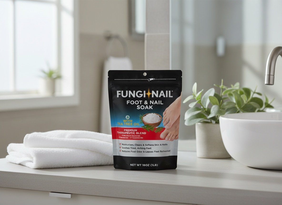 Fungi-Nail soak bottle on bathroom vanity with towel, basin, and plant in spa-like setting