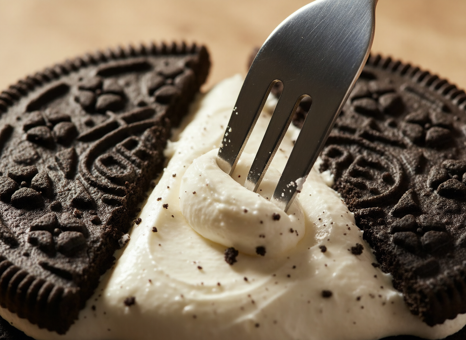 Split OREO cookie showing thick cream filling in sharp macro detail with shallow focus