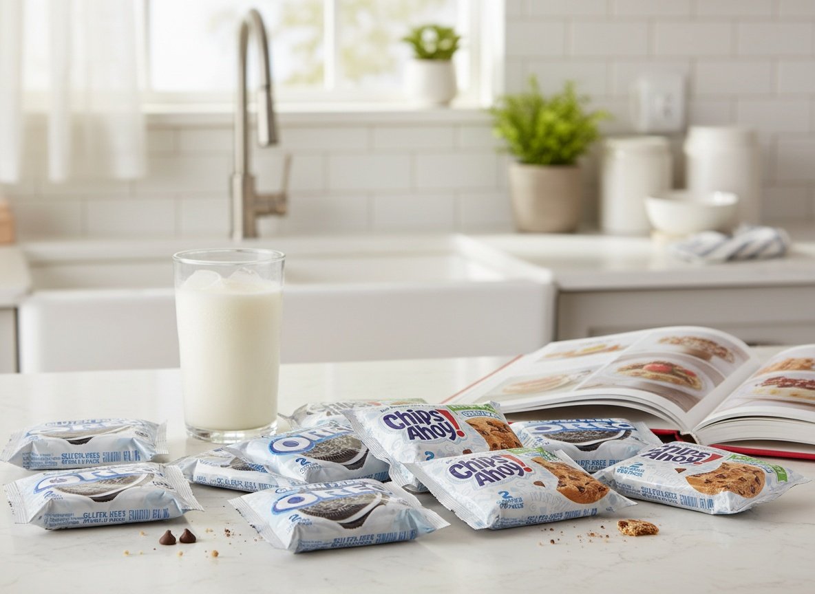 Gluten-free cookie variety pack displayed on kitchen counter with milk and recipe book in warm daylight
