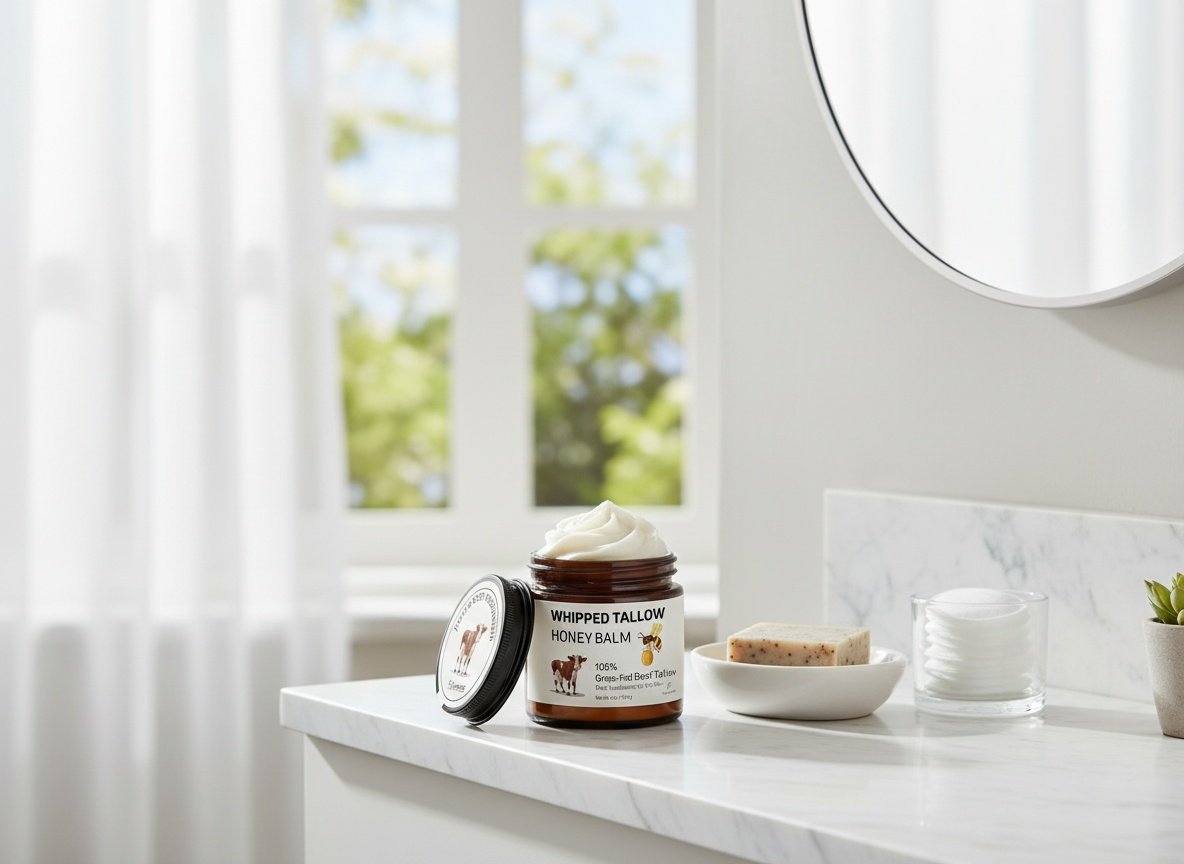 Beef tallow balm jar on marble vanity shelf with bathroom accessories and plants in soft natural light