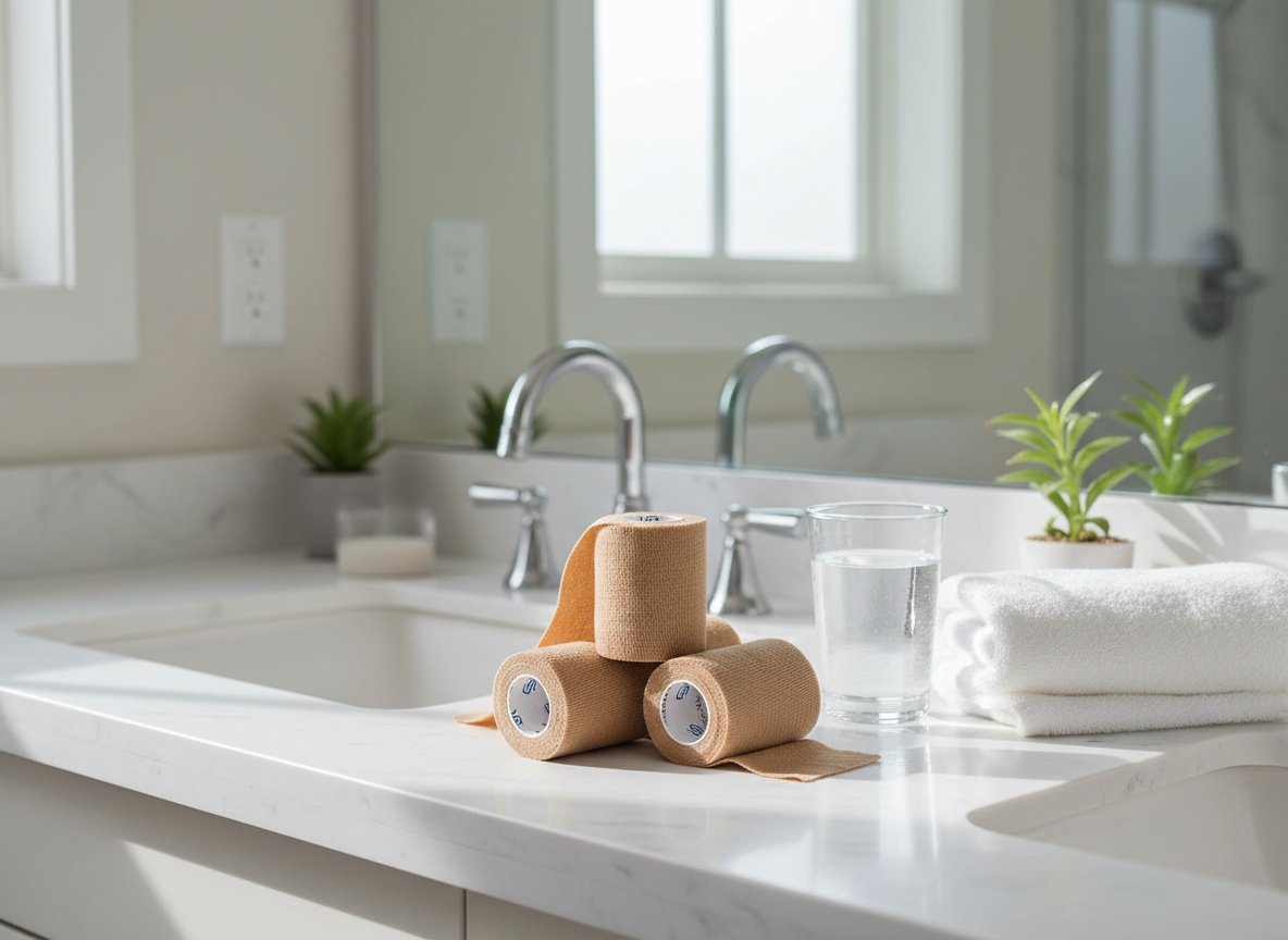 Cohesive wrap bandages displayed on a bathroom counter with towels and water glass in natural light