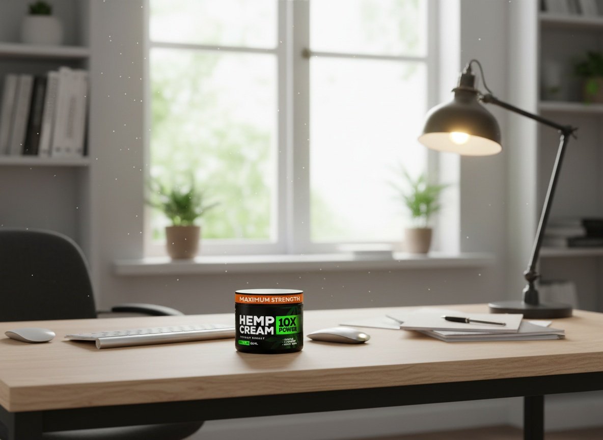 Hemp cream jar displayed on a desk workspace with laptop and office supplies in soft natural light