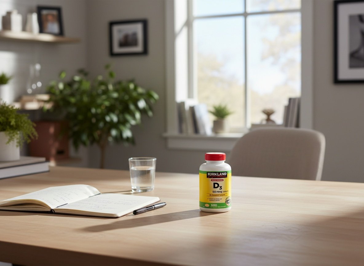 Kirkland D3 bottle on a desk with notebook and water glass in a bright home office workspace