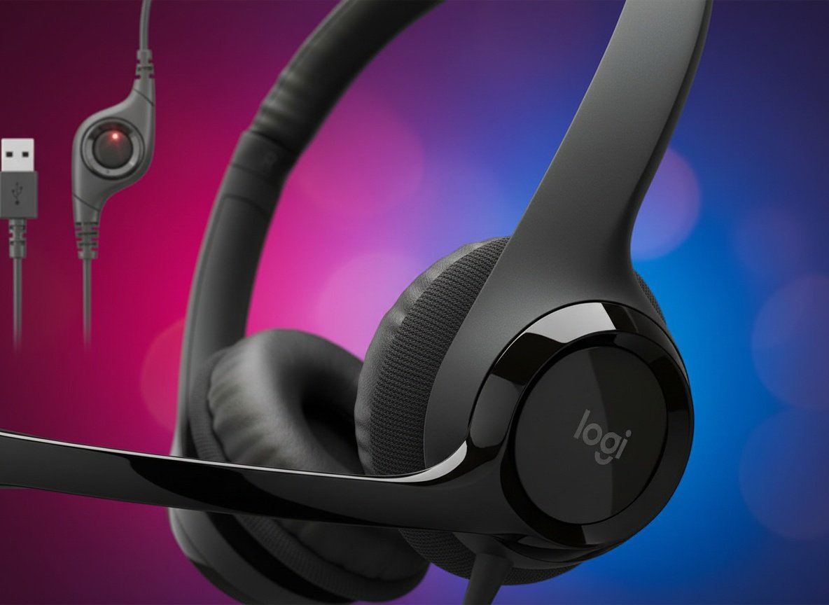 Macro close-up of the H390 headset ear cup and headband connection showing black plastic construction