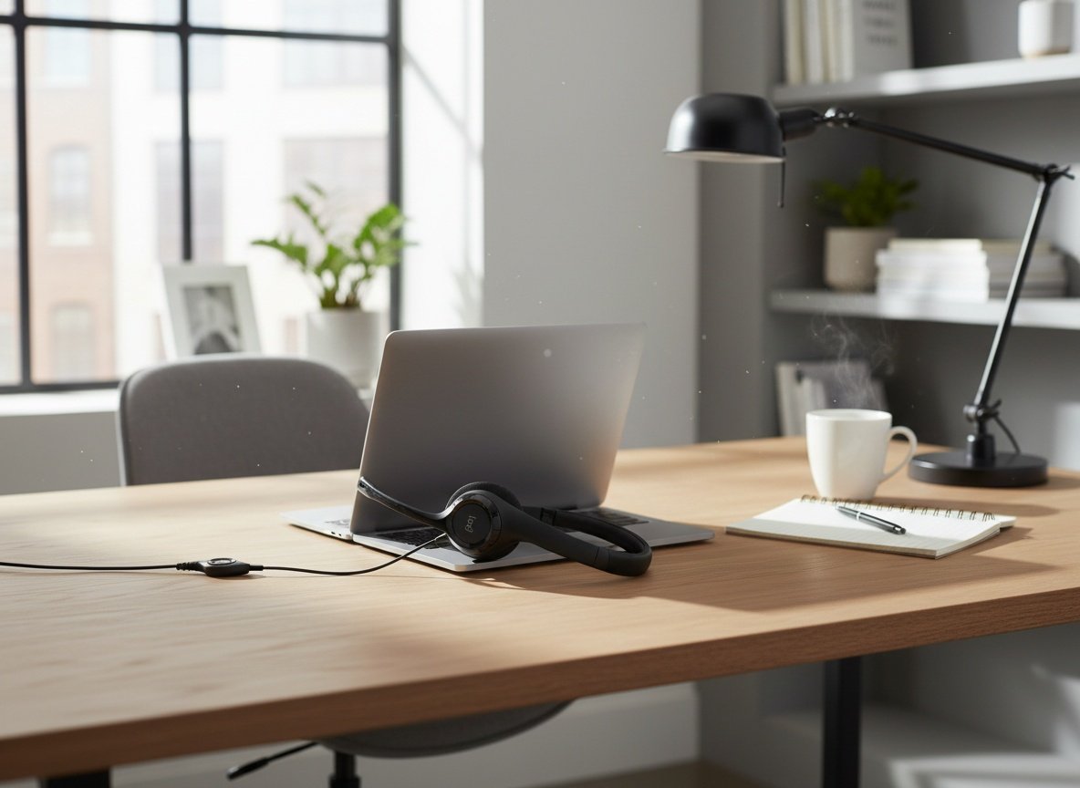 H390 headset draped over a laptop on a desk with office supplies and warm ambient lighting
