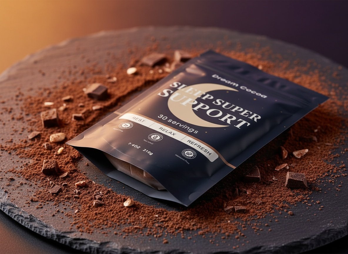 Macro close-up of magnesium hot cocoa powder showing fine brown granules with warm lighting
