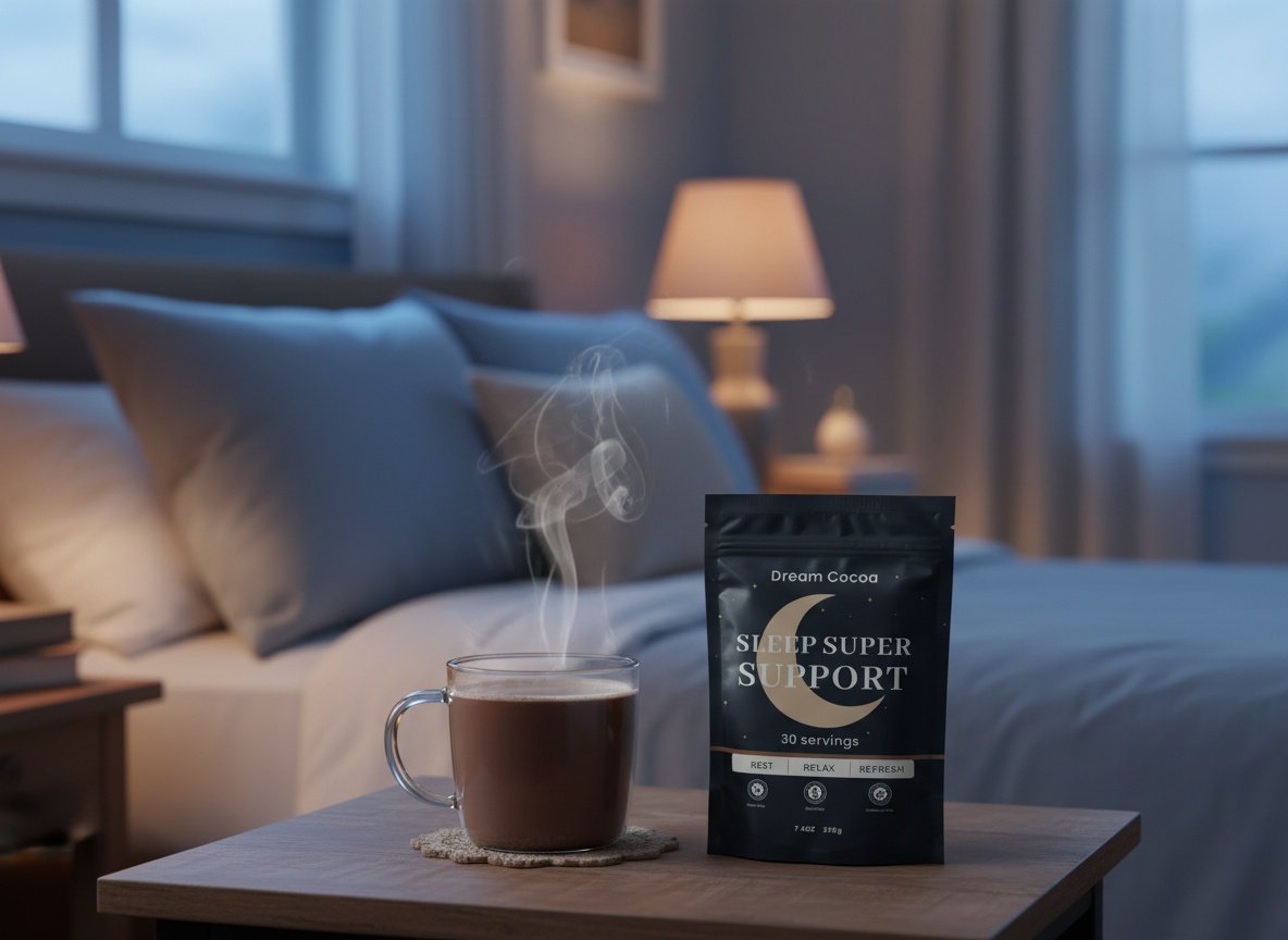 Steaming mug of hot cocoa on a nightstand with product container, bedroom setting in evening light